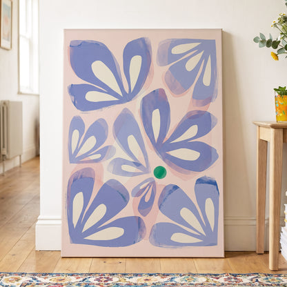 Petals in Periwinkle, blue, pink, white floral wall art on canvas displayed in a styled interior, gallery view 2
