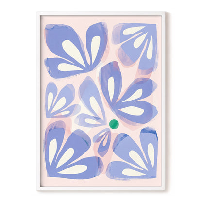 Petals in Periwinkle, blue, pink, white floral wall art, front artwork view