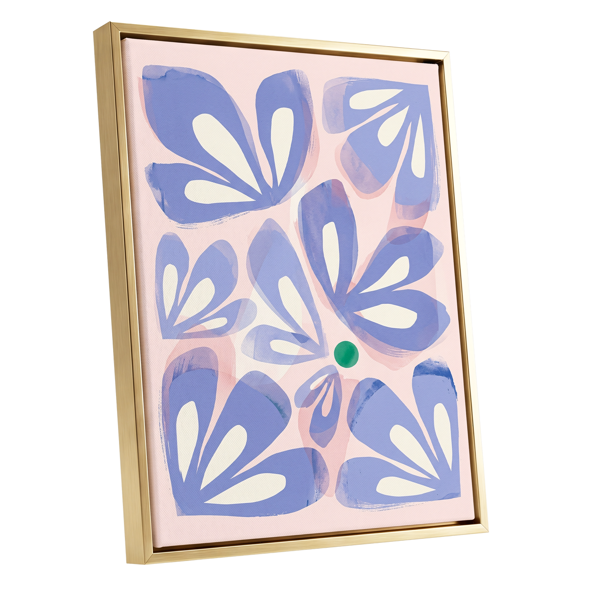 Petals in Periwinkle, blue, pink, white floral wall art shown as a gold framed canvas wall art
