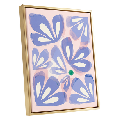 Petals in Periwinkle, blue, pink, white floral wall art shown as a gold framed canvas wall art