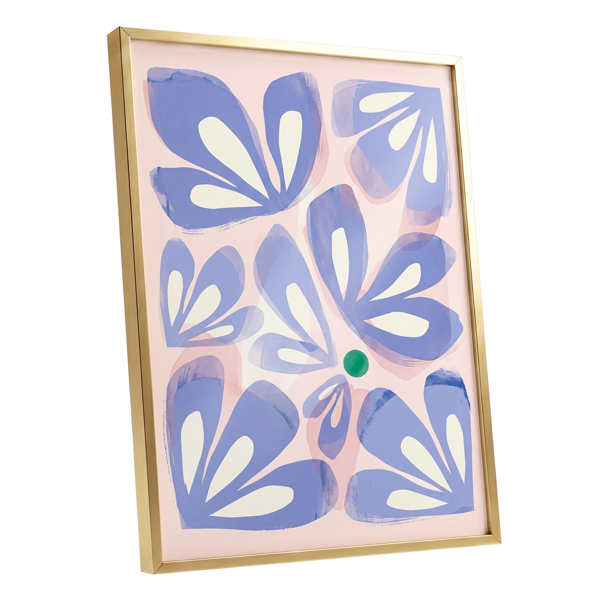 Petals in Periwinkle, blue, pink, white floral wall art shown as a gold framed poster wall art print