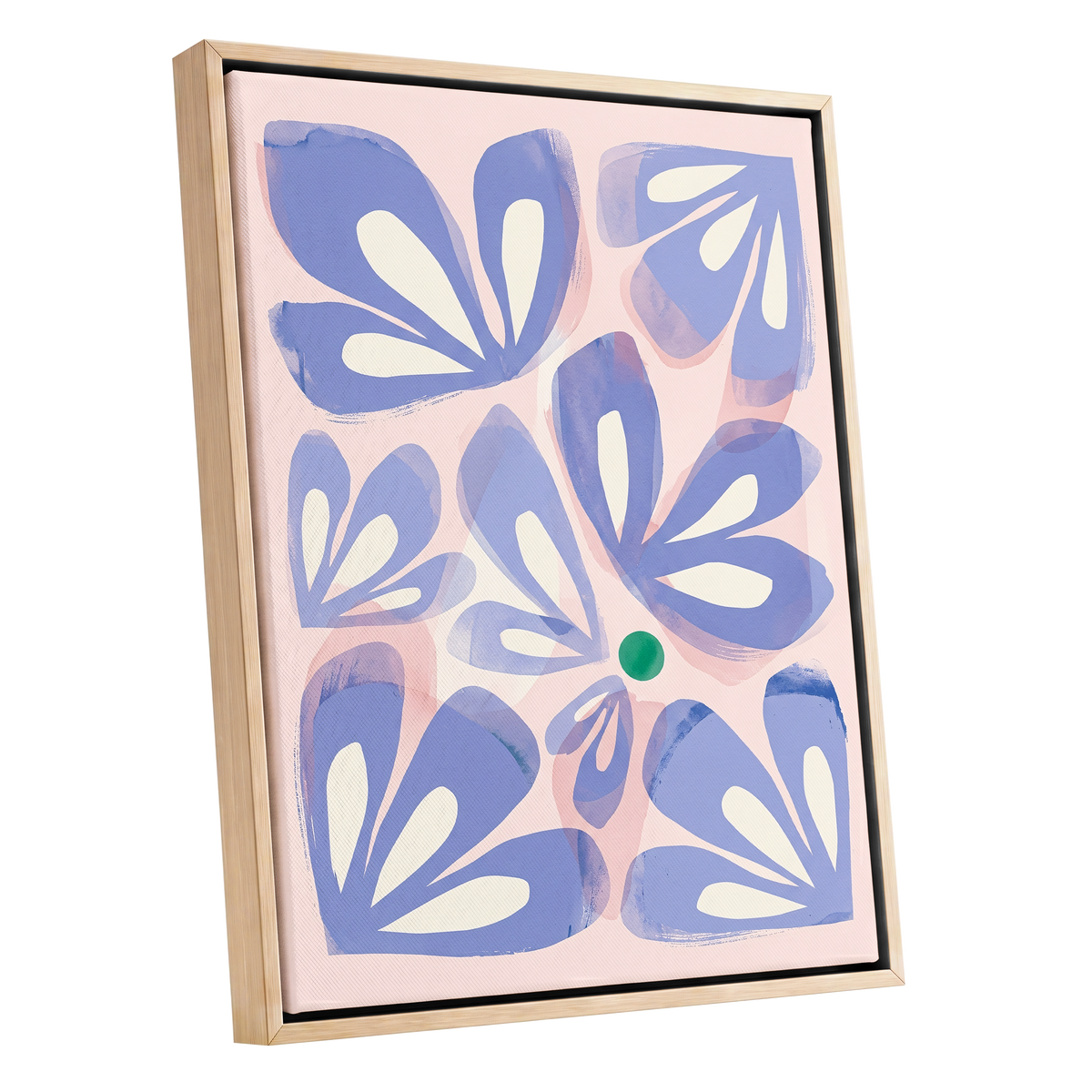 Petals in Periwinkle, blue, pink, white floral wall art shown as a oak framed canvas wall art