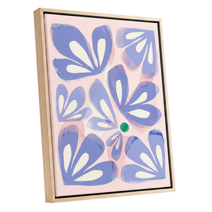 Petals in Periwinkle, blue, pink, white floral wall art shown as a oak framed canvas wall art