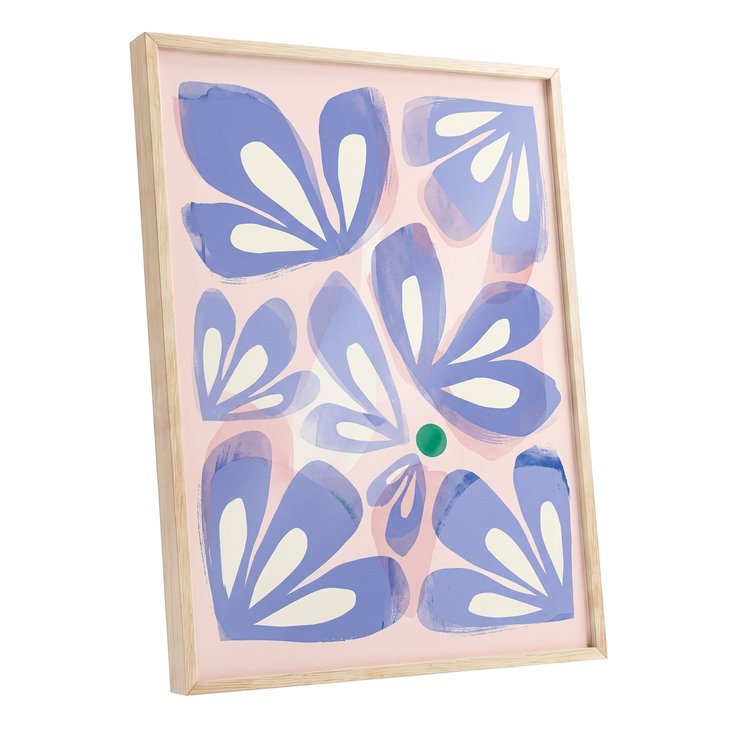 Petals in Periwinkle, blue, pink, white floral wall art shown as a oak framed poster wall art print