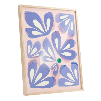 Petals in Periwinkle, blue, pink, white floral wall art shown as a oak framed poster wall art print