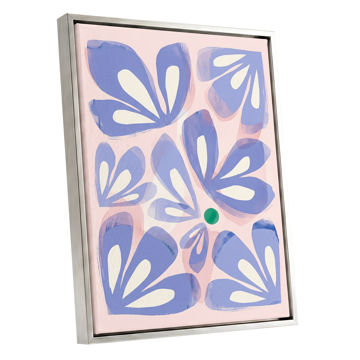Petals in Periwinkle, blue, pink, white floral wall art shown as a silver framed canvas wall art