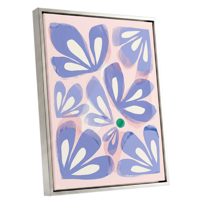 Petals in Periwinkle, blue, pink, white floral wall art shown as a silver framed canvas wall art