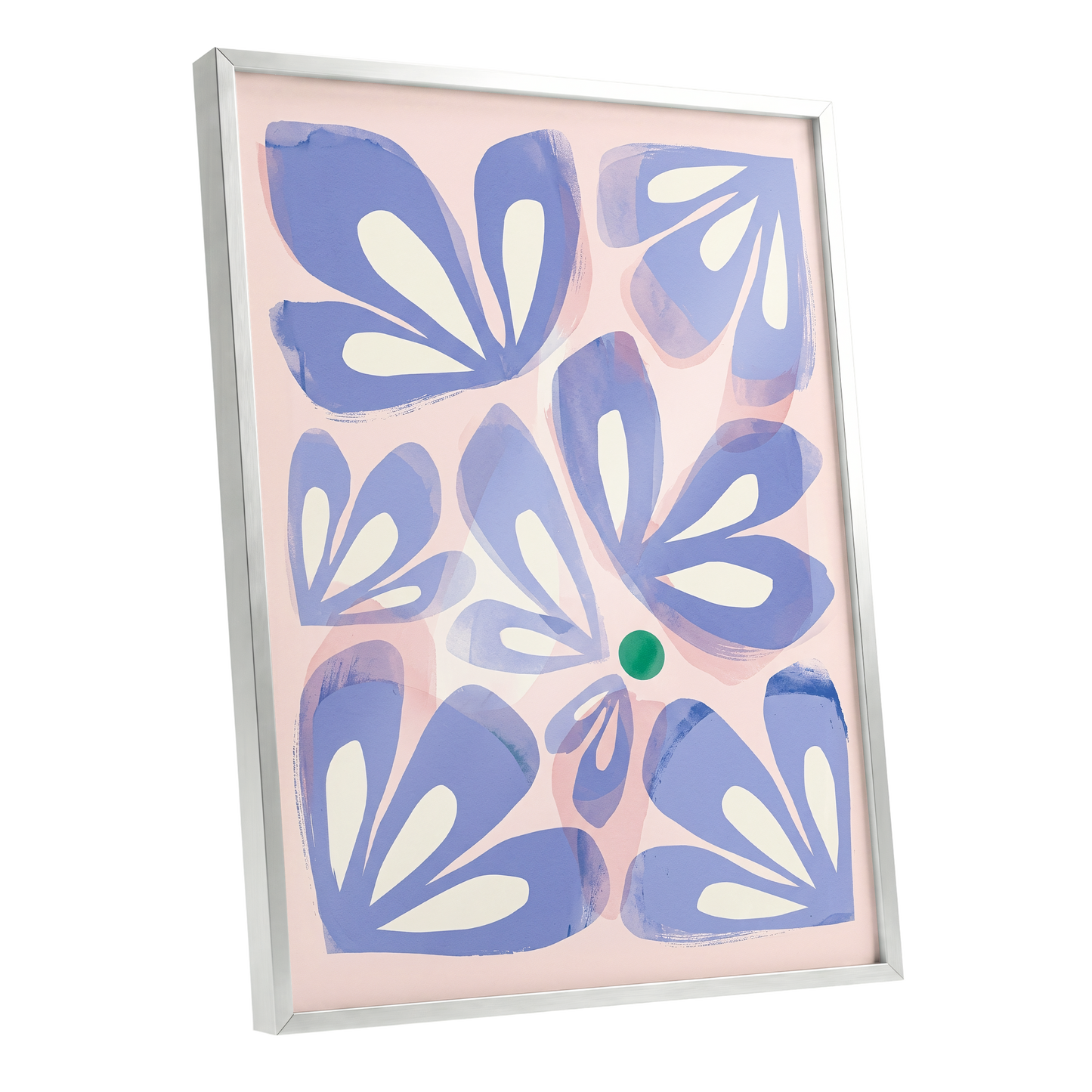 Petals in Periwinkle, blue, pink, white floral wall art shown as a silver framed poster wall art print