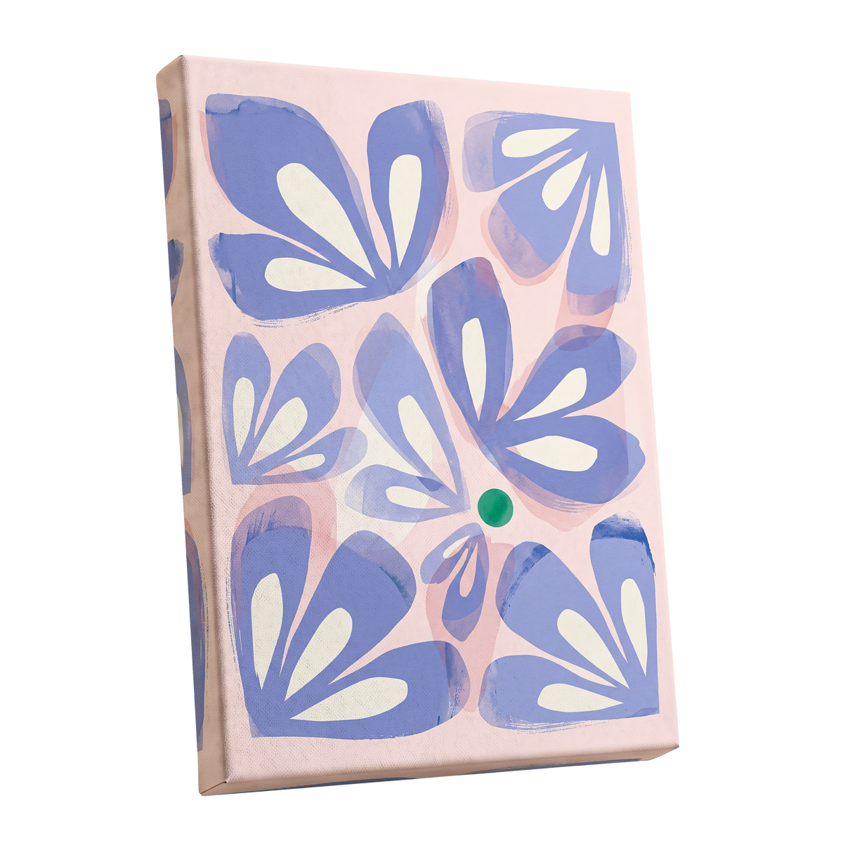 Petals in Periwinkle, blue, pink, white floral wall art shown as a stretched canvas wall art