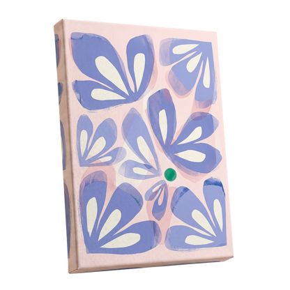 Petals in Periwinkle, blue, pink, white floral wall art shown as a stretched canvas wall art