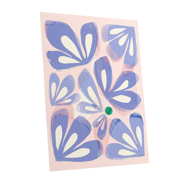 Petals in Periwinkle, blue, pink, white floral wall art shown as a unframed poster wall art print