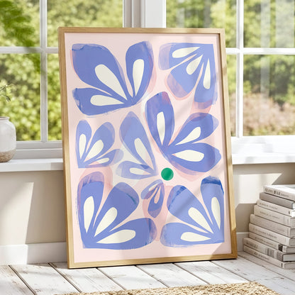 Petals in Periwinkle, blue, pink, white floral wall art displayed in a styled interior, gallery view 1