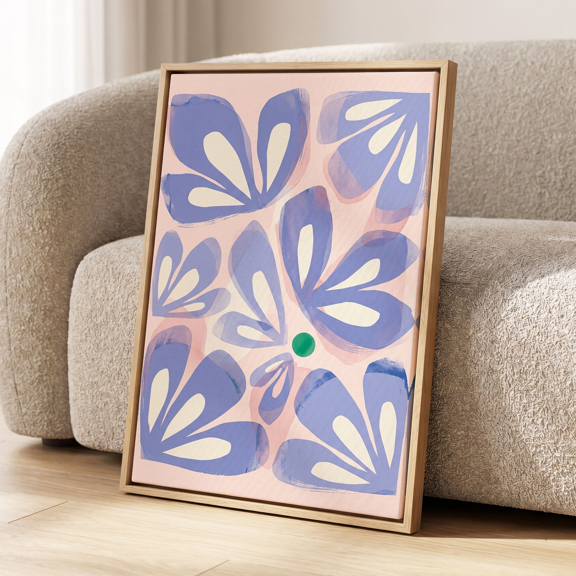 Petals in Periwinkle, blue, pink, white floral wall art displayed in a styled interior, gallery view 2