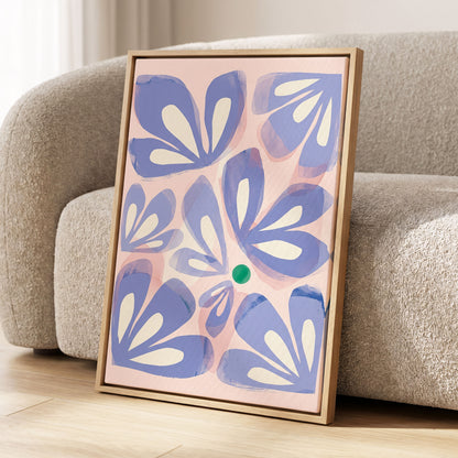 Petals in Periwinkle, blue, pink, white floral wall art displayed in a styled interior, gallery view 2