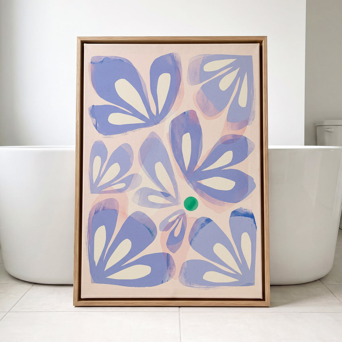 Petals in Periwinkle, blue, pink, white floral wall art displayed in a styled interior, gallery view 3