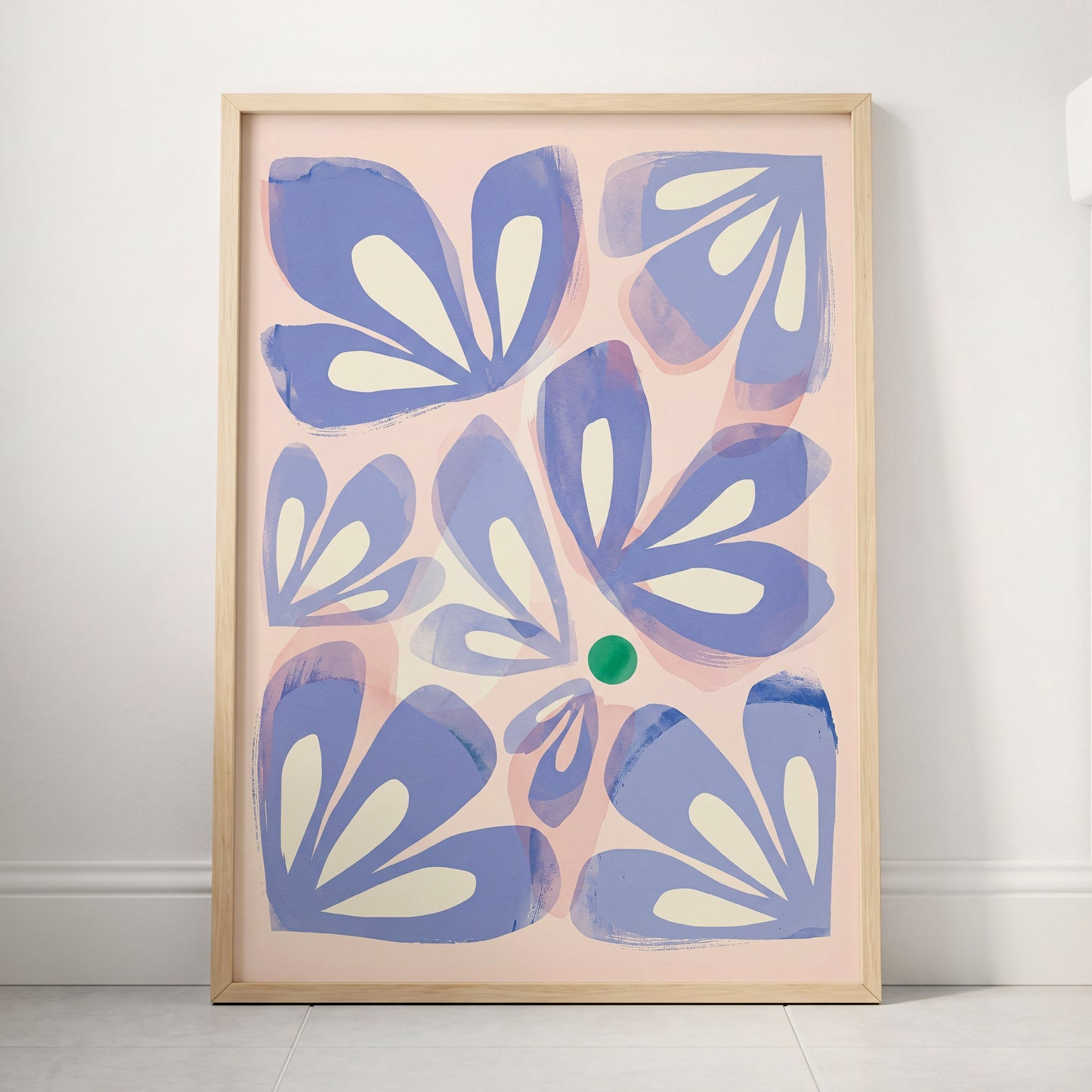 Petals in Periwinkle, blue, pink, white floral wall art displayed in a styled interior, gallery view 4
