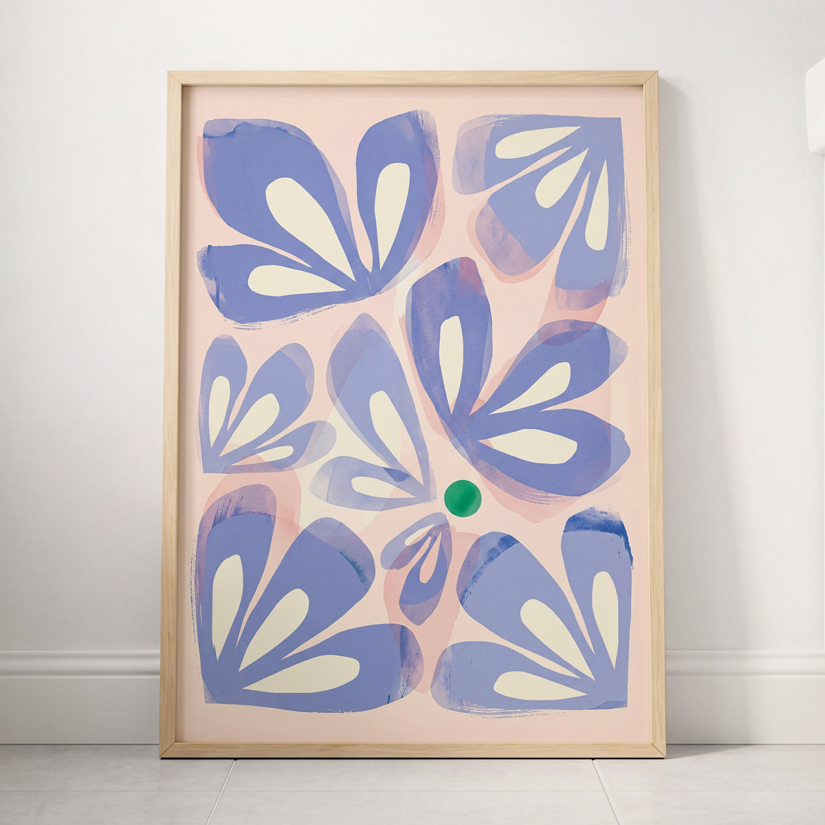Petals in Periwinkle, blue, pink, white floral wall art displayed in a styled interior, gallery view 4
