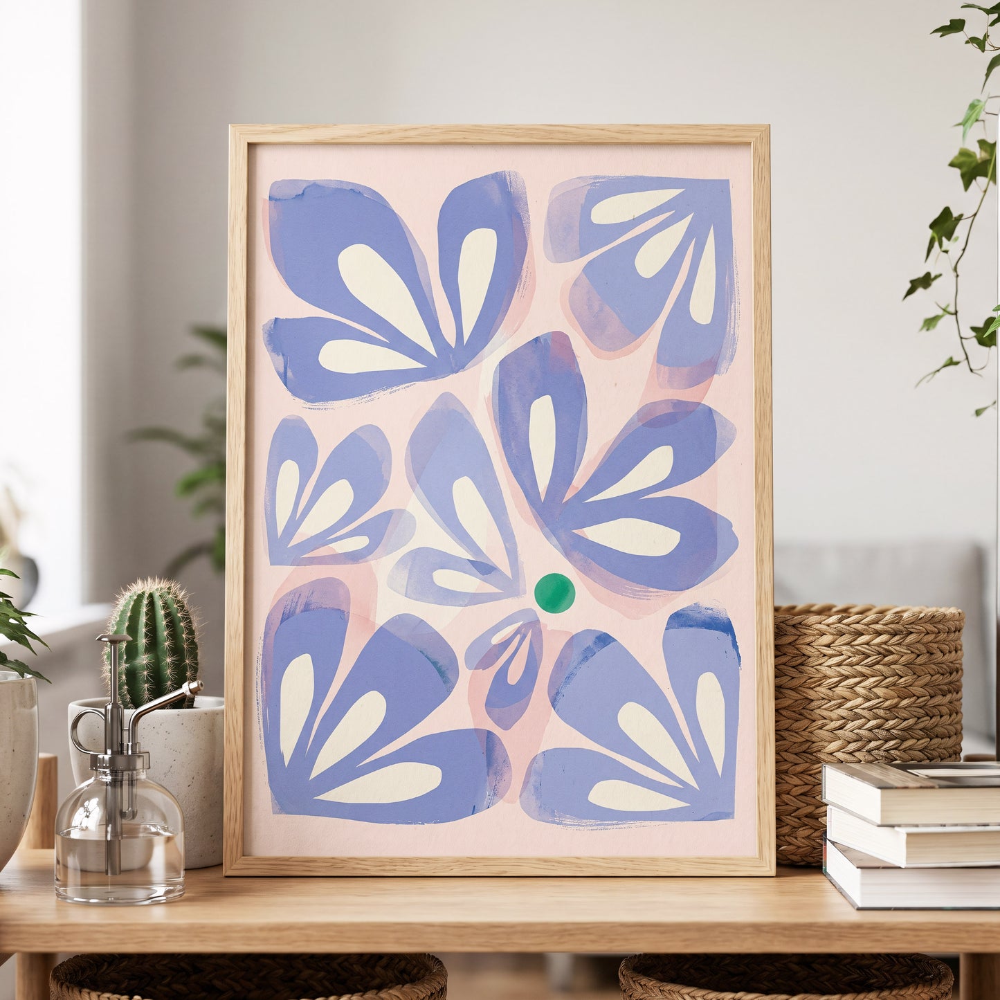 Petals in Periwinkle, blue, pink, white floral wall art displayed in a styled interior, gallery view 5