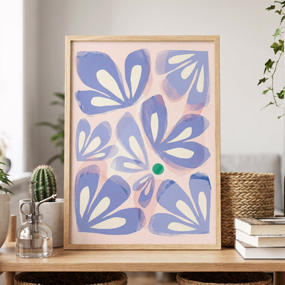 Petals in Periwinkle, blue, pink, white floral wall art displayed in a styled interior, gallery view 5
