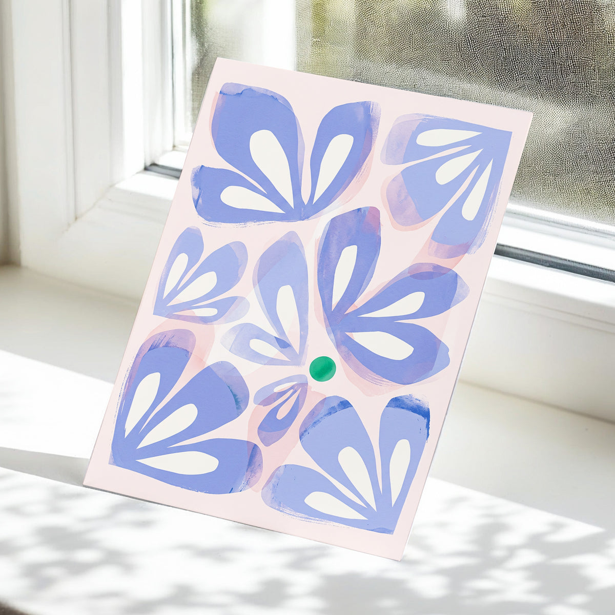 Petals in Periwinkle, blue, pink, white floral wall art displayed in a styled interior, gallery view 6