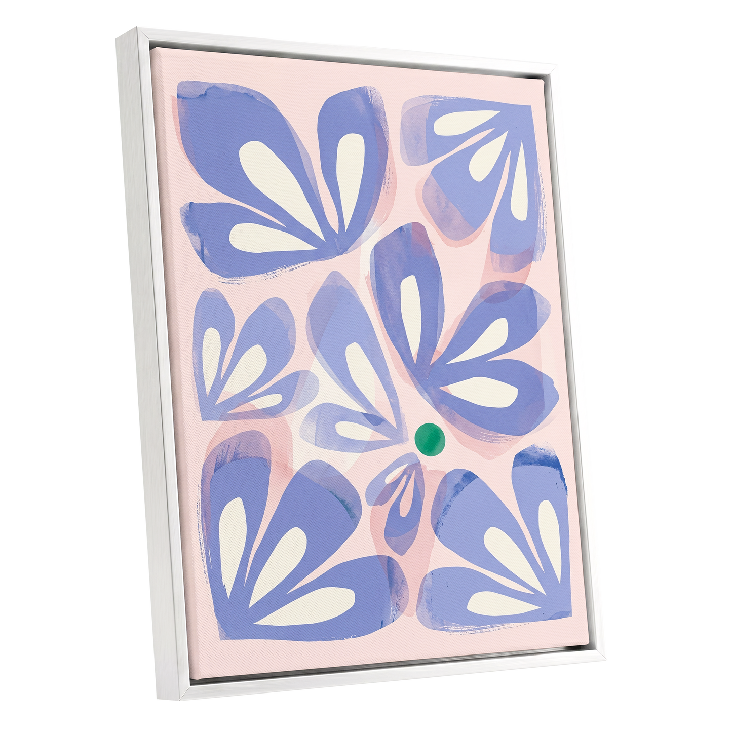 Petals in Periwinkle, blue, pink, white floral wall art shown as a white framed canvas wall art