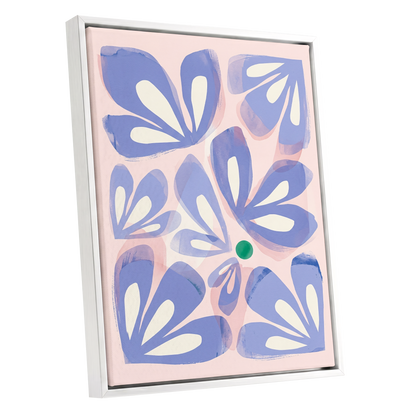 Petals in Periwinkle, blue, pink, white floral wall art shown as a white framed canvas wall art