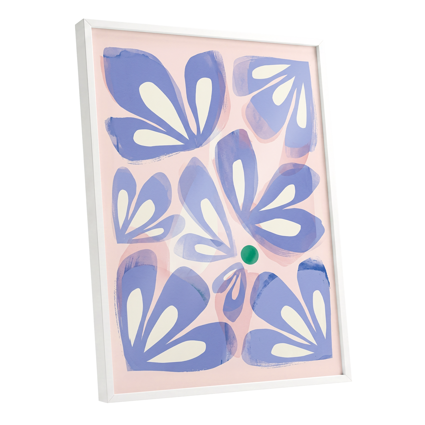 Petals in Periwinkle, blue, pink, white floral wall art shown as a white framed poster wall art print