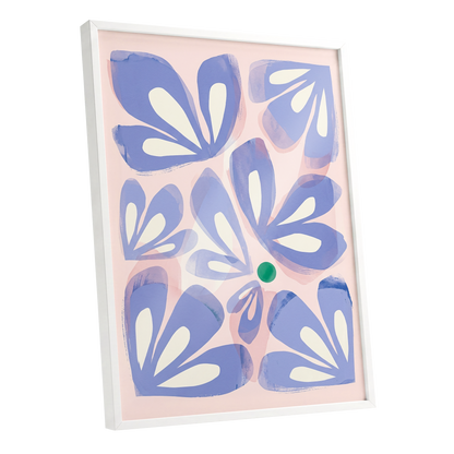 Petals in Periwinkle, blue, pink, white floral wall art shown as a white framed poster wall art print