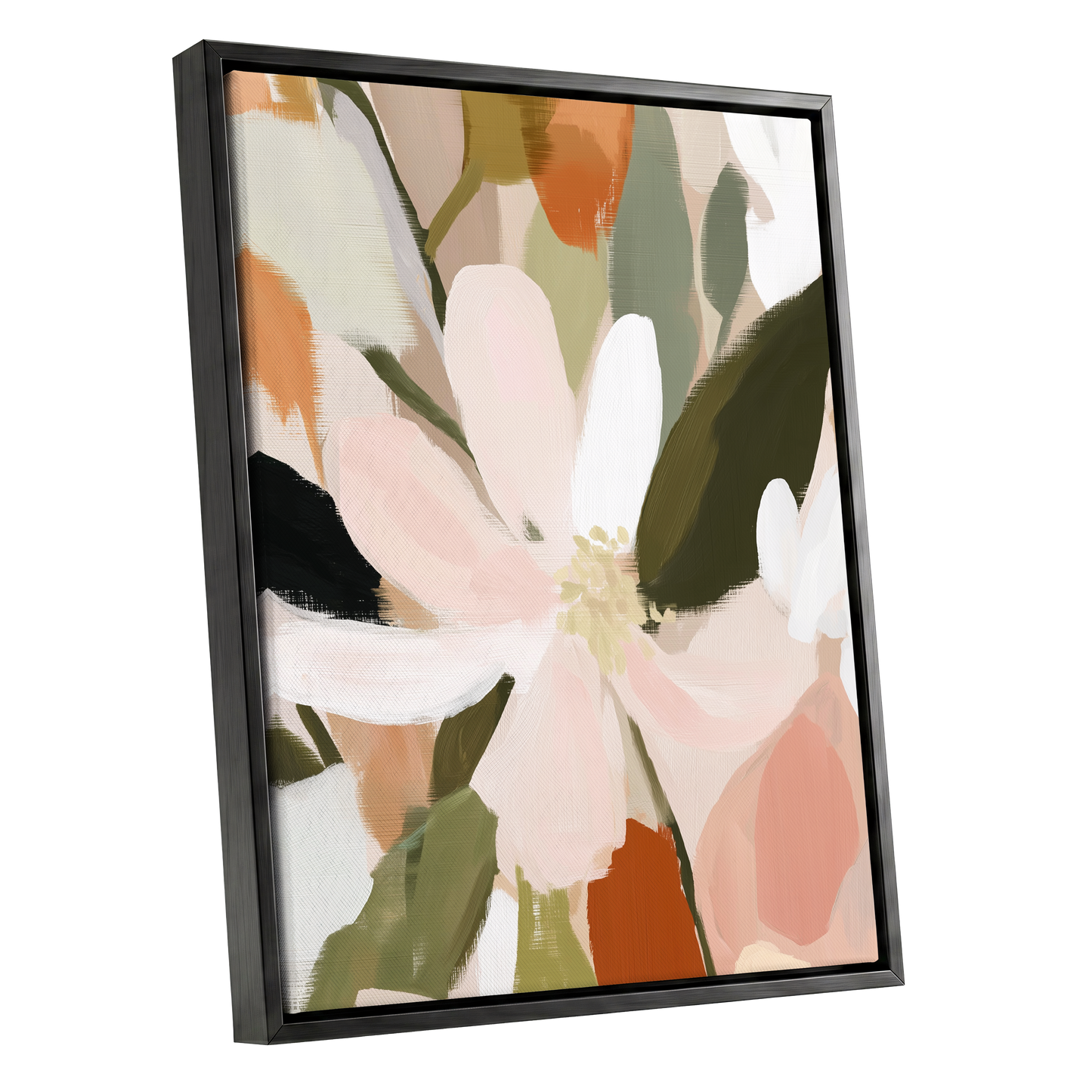 Petals in Quiet Bloom, green, beige, pink floral wall art shown as a black framed canvas wall art