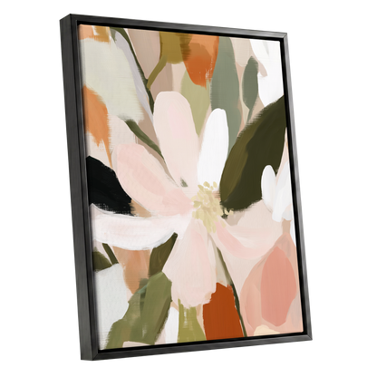 Petals in Quiet Bloom, green, beige, pink floral wall art shown as a black framed canvas wall art