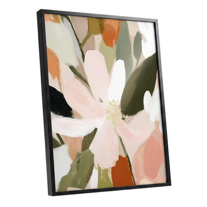 Petals in Quiet Bloom, green, beige, pink floral wall art shown as a black framed poster wall art print