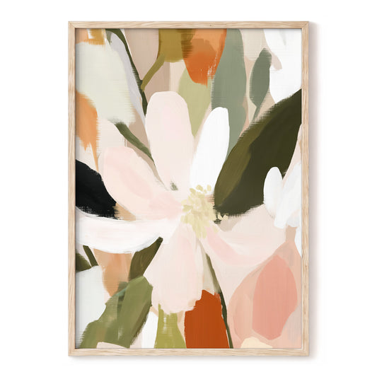 Petals in Quiet Bloom, green, beige, pink floral wall art, front artwork view