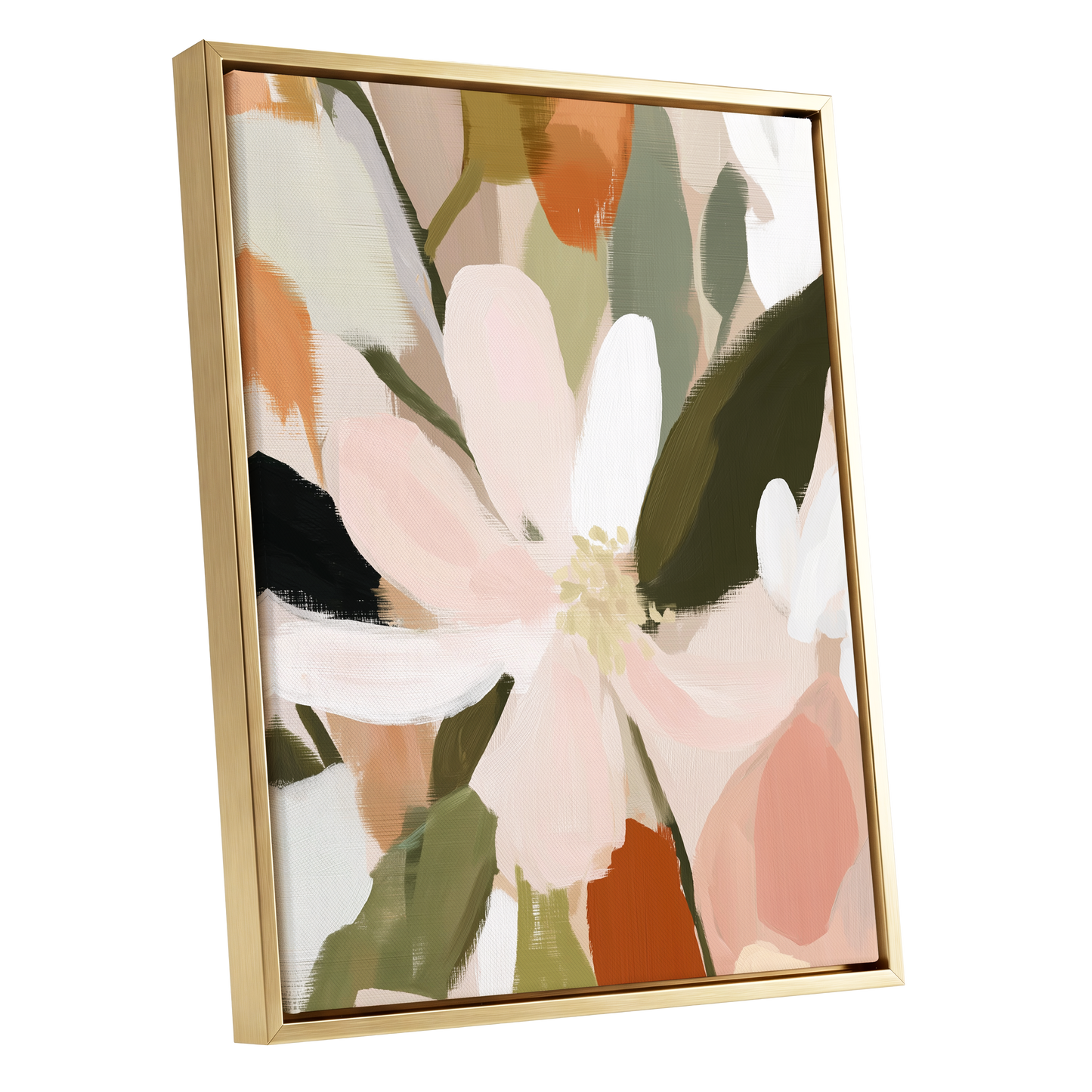 Petals in Quiet Bloom, green, beige, pink floral wall art shown as a gold framed canvas wall art