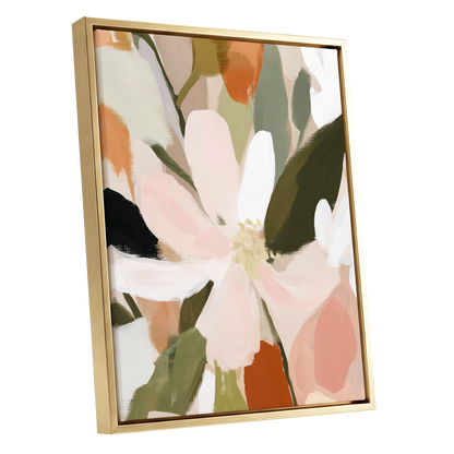 Petals in Quiet Bloom, green, beige, pink floral wall art shown as a gold framed canvas wall art
