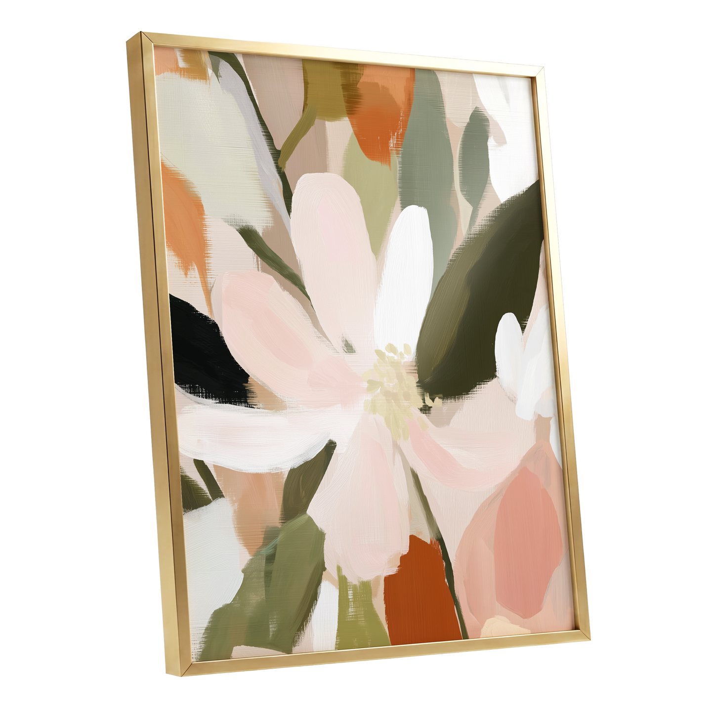Petals in Quiet Bloom, green, beige, pink floral wall art shown as a gold framed poster wall art print