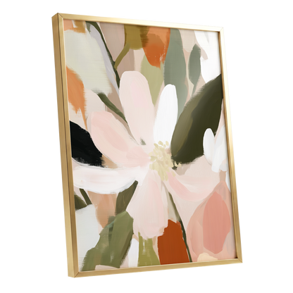 Petals in Quiet Bloom, green, beige, pink floral wall art shown as a gold framed poster wall art print