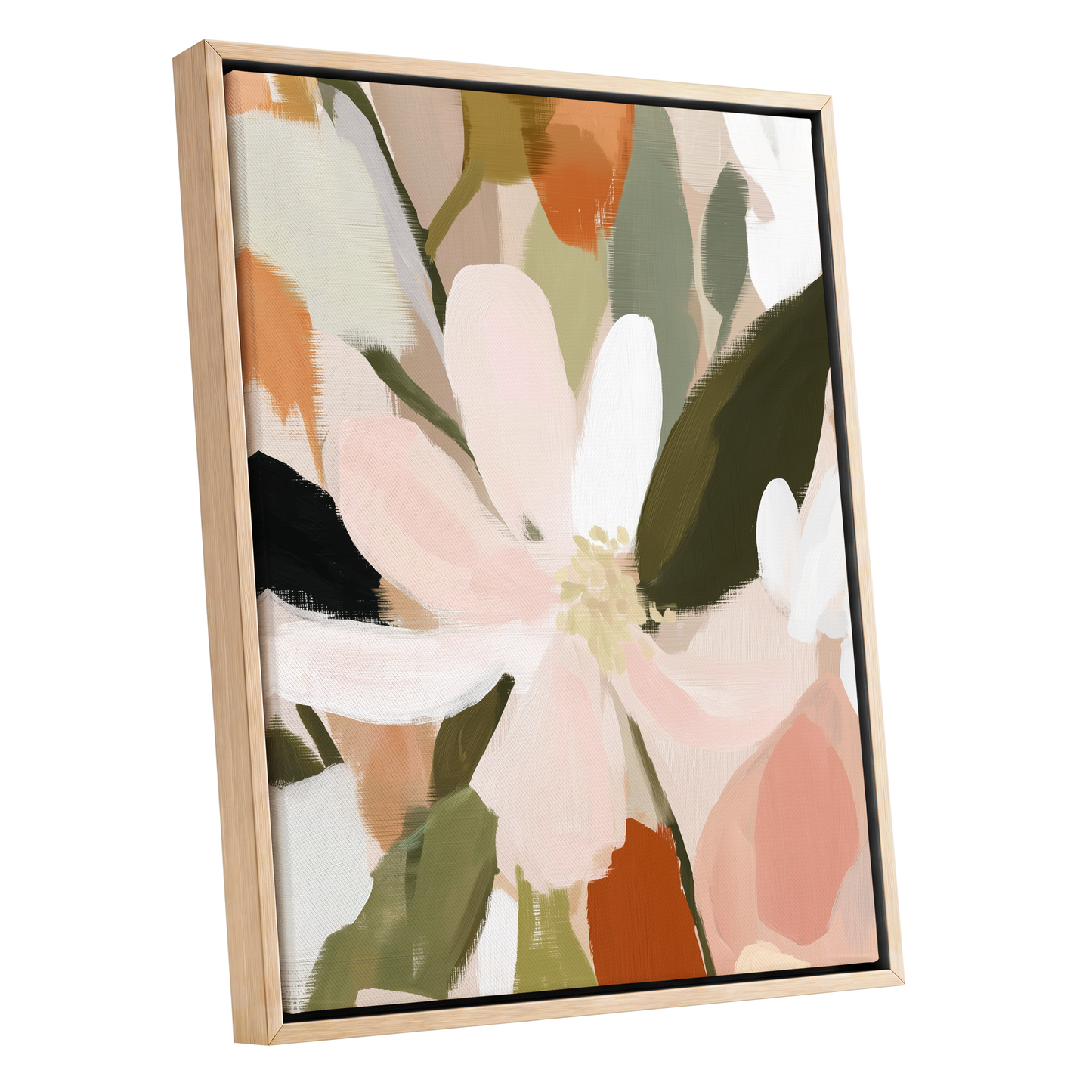 Petals in Quiet Bloom, green, beige, pink floral wall art shown as a oak framed canvas wall art