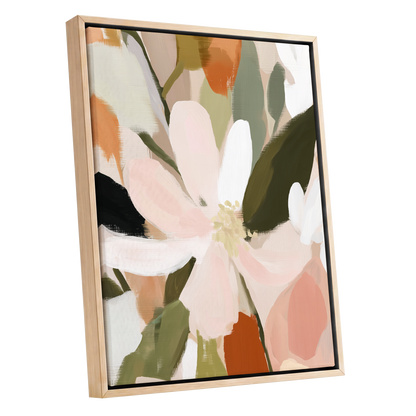 Petals in Quiet Bloom, green, beige, pink floral wall art shown as a oak framed canvas wall art