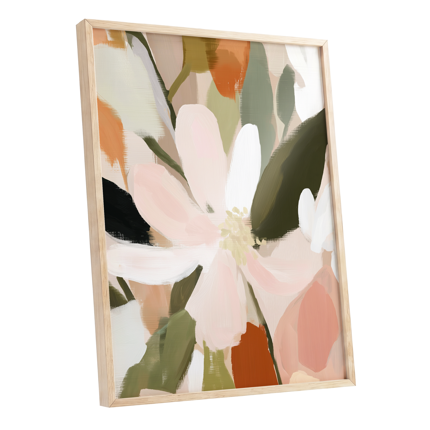 Petals in Quiet Bloom, green, beige, pink floral wall art shown as a oak framed poster wall art print