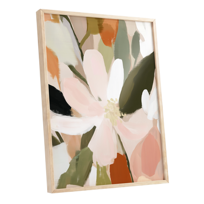 Petals in Quiet Bloom, green, beige, pink floral wall art shown as a oak framed poster wall art print
