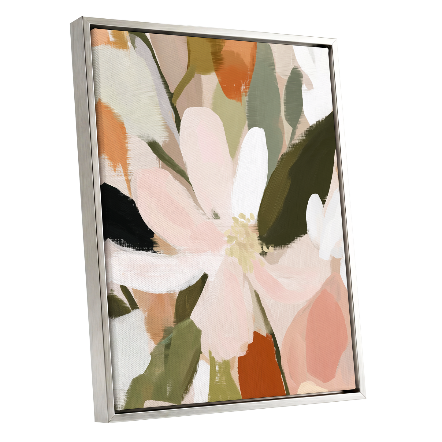 Petals in Quiet Bloom, green, beige, pink floral wall art shown as a silver framed canvas wall art