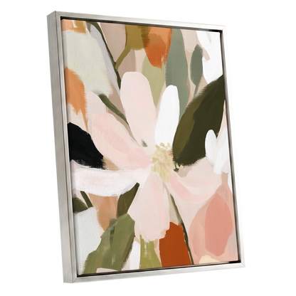 Petals in Quiet Bloom, green, beige, pink floral wall art shown as a silver framed canvas wall art