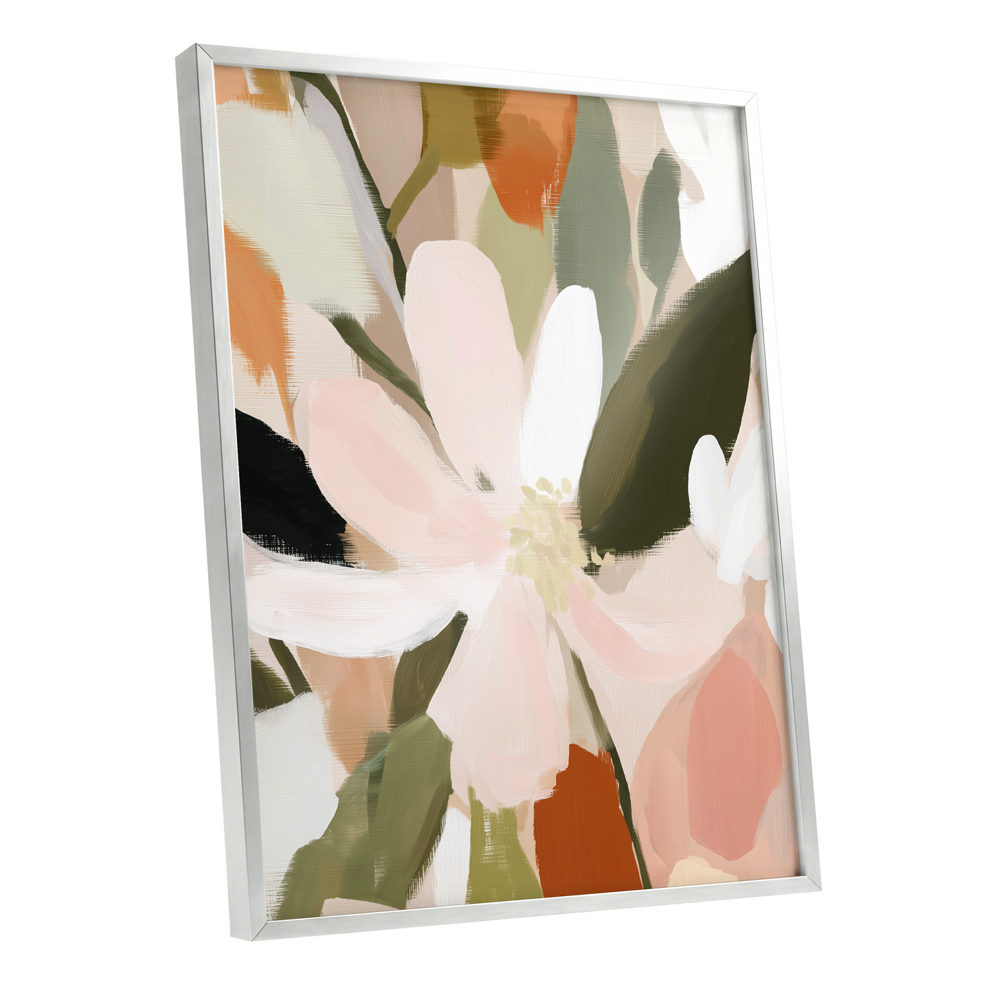 Petals in Quiet Bloom, green, beige, pink floral wall art shown as a silver framed poster wall art print