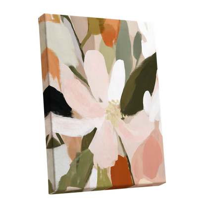 Petals in Quiet Bloom, green, beige, pink floral wall art shown as a stretched canvas wall art
