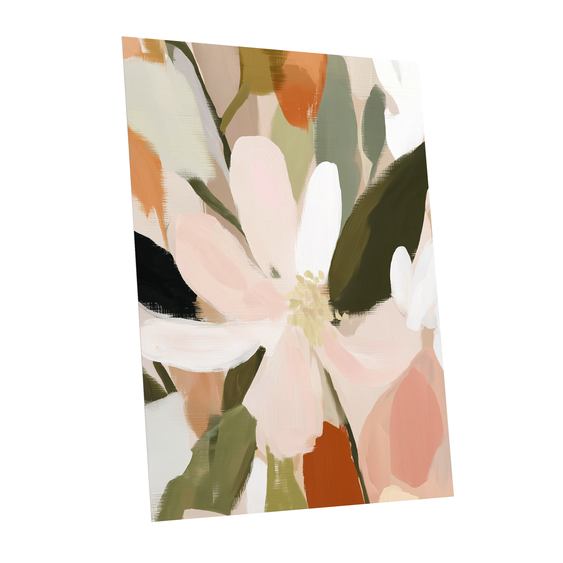 Petals in Quiet Bloom, green, beige, pink floral wall art shown as a unframed poster wall art print