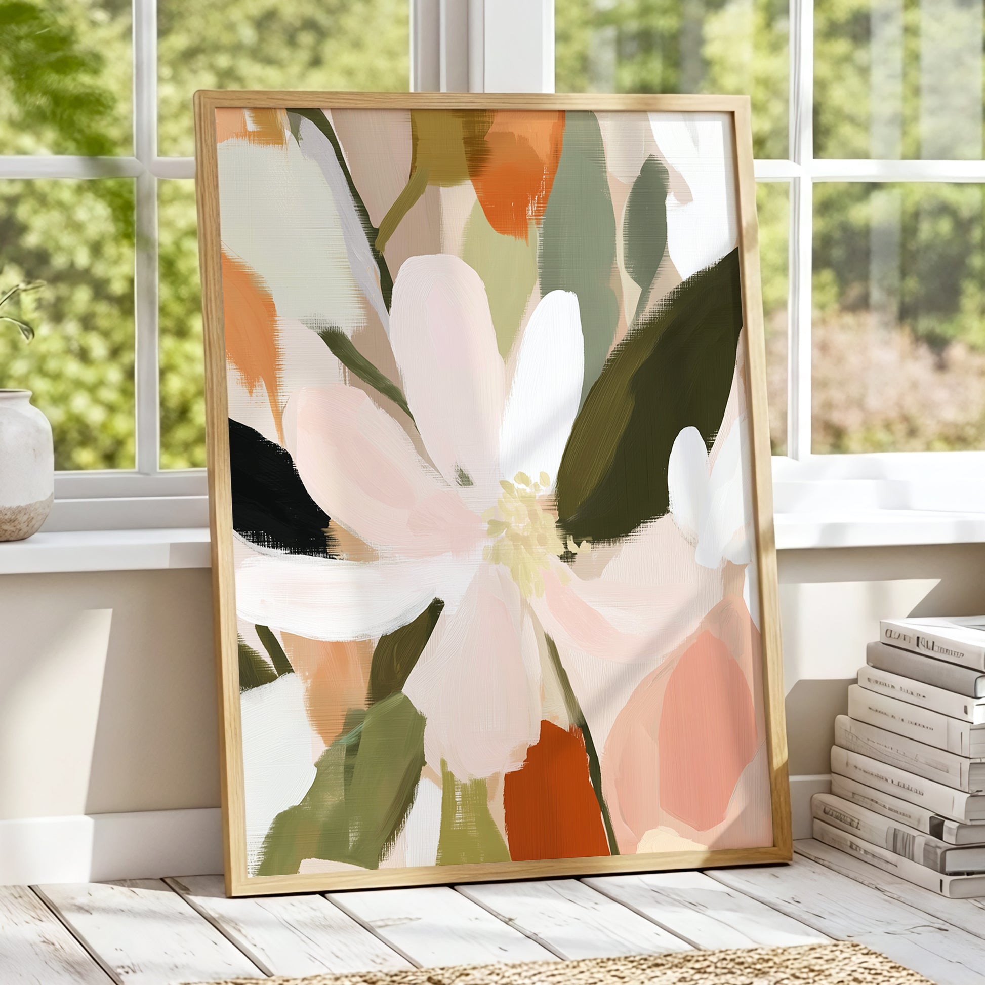 Petals in Quiet Bloom, green, beige, pink floral wall art displayed in a styled interior, gallery view 2