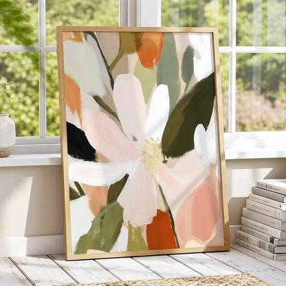 Petals in Quiet Bloom, green, beige, pink floral wall art displayed in a styled interior, gallery view 2