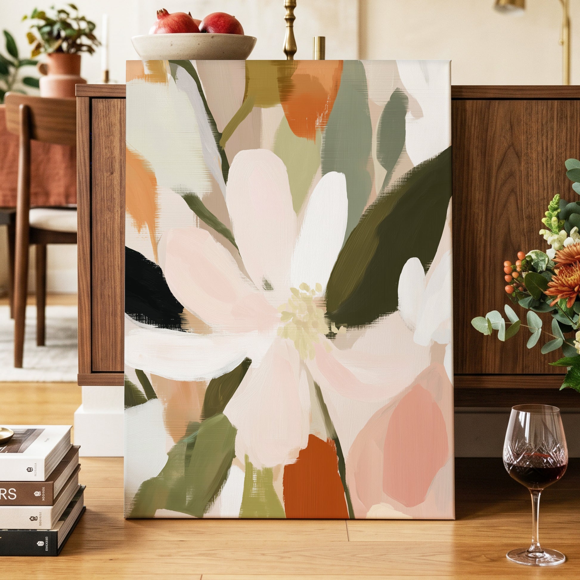 Petals in Quiet Bloom, green, beige, pink floral wall art displayed in a styled interior, gallery view 3