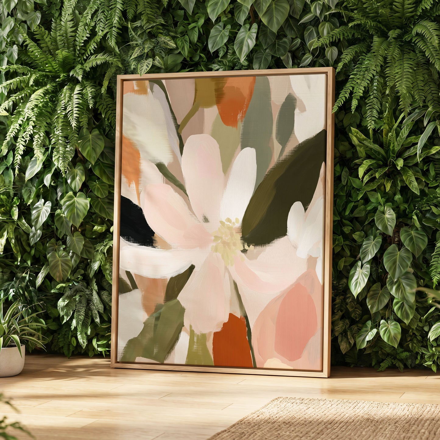 Petals in Quiet Bloom, green, beige, pink floral wall art displayed in a styled interior, gallery view 4