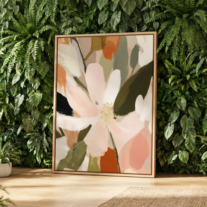 Petals in Quiet Bloom, green, beige, pink floral wall art displayed in a styled interior, gallery view 4